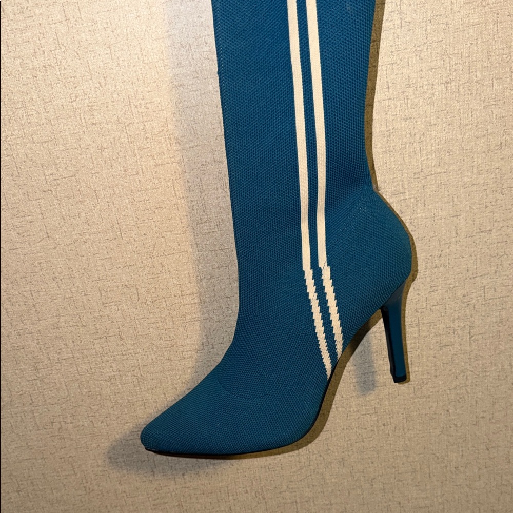 Blue Striped Knit Pointed-Toe Stiletto Boot
